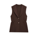 Women Pleated Collared Sleeveless Knitted Vest Jacket