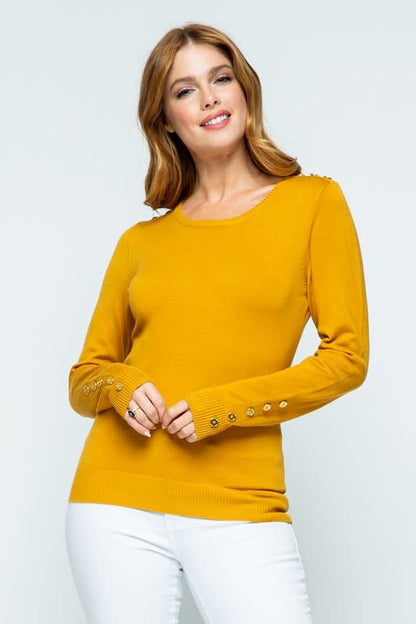 Button Shoulder &amp; Sleeve Sweater - Mustard