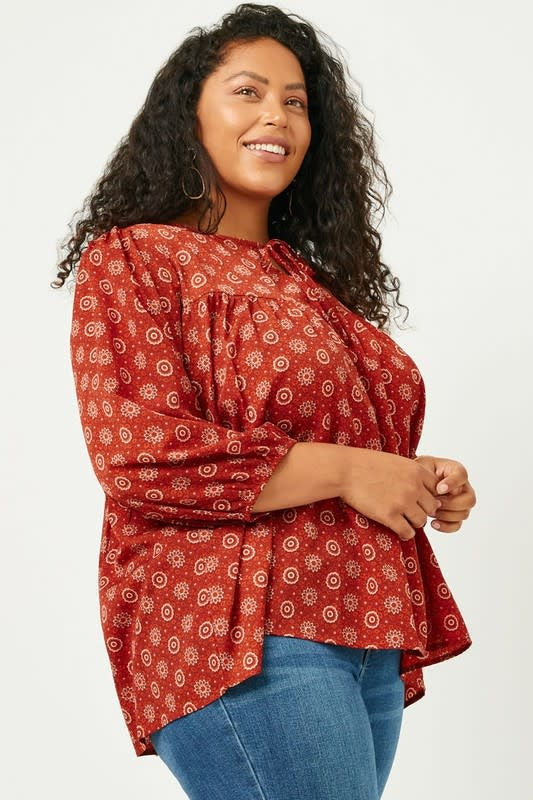 Curvy Tie Neck Floral Printed Peasant Top
