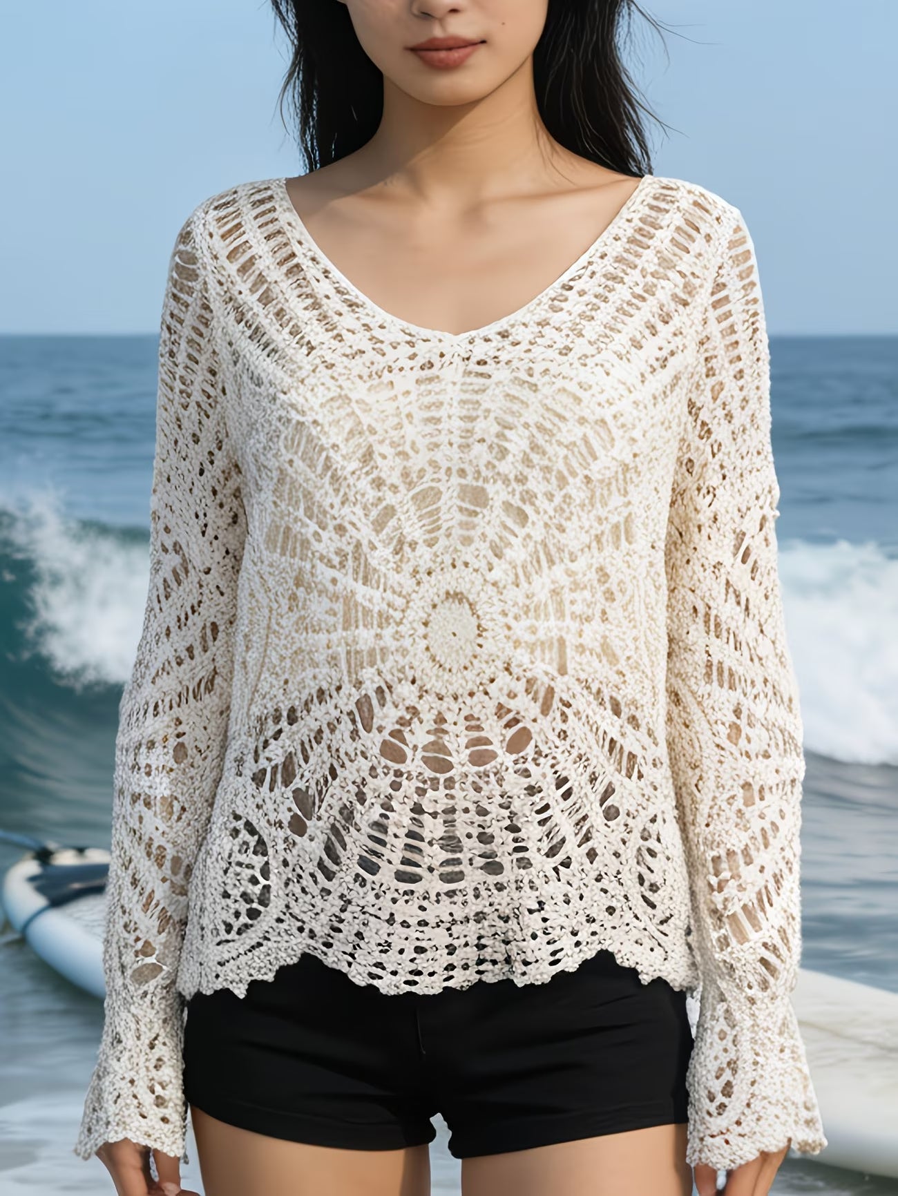 Women Summer Openwork Lace Knit Long Sleeved Sun Protective Cover Up Top