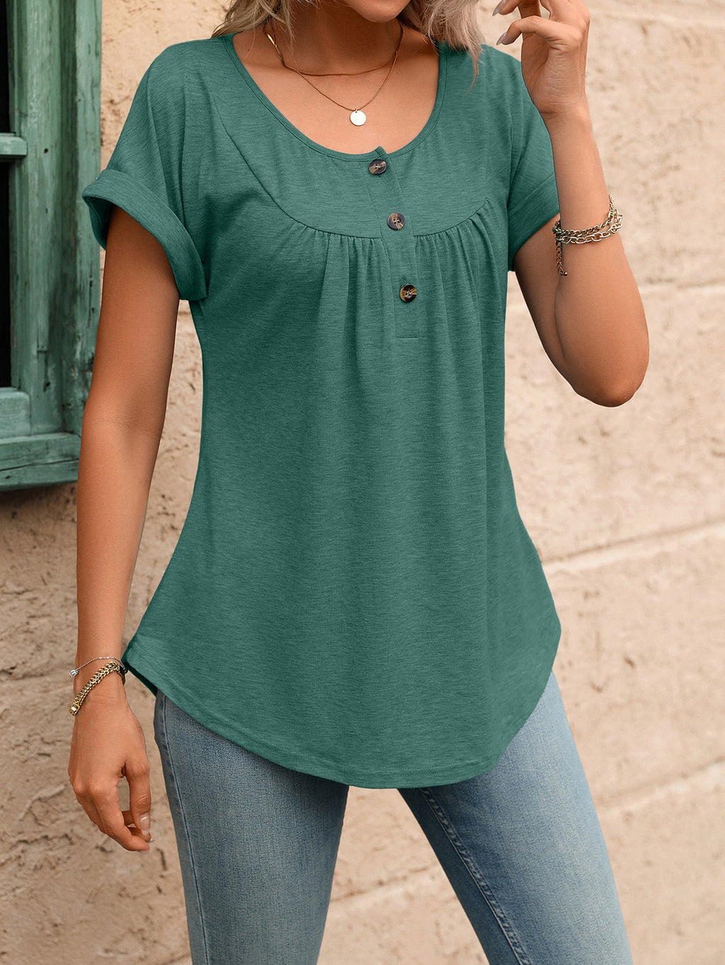 Summer Solid Color round Neck Button Loose Short Sleeve T shirt Top Women