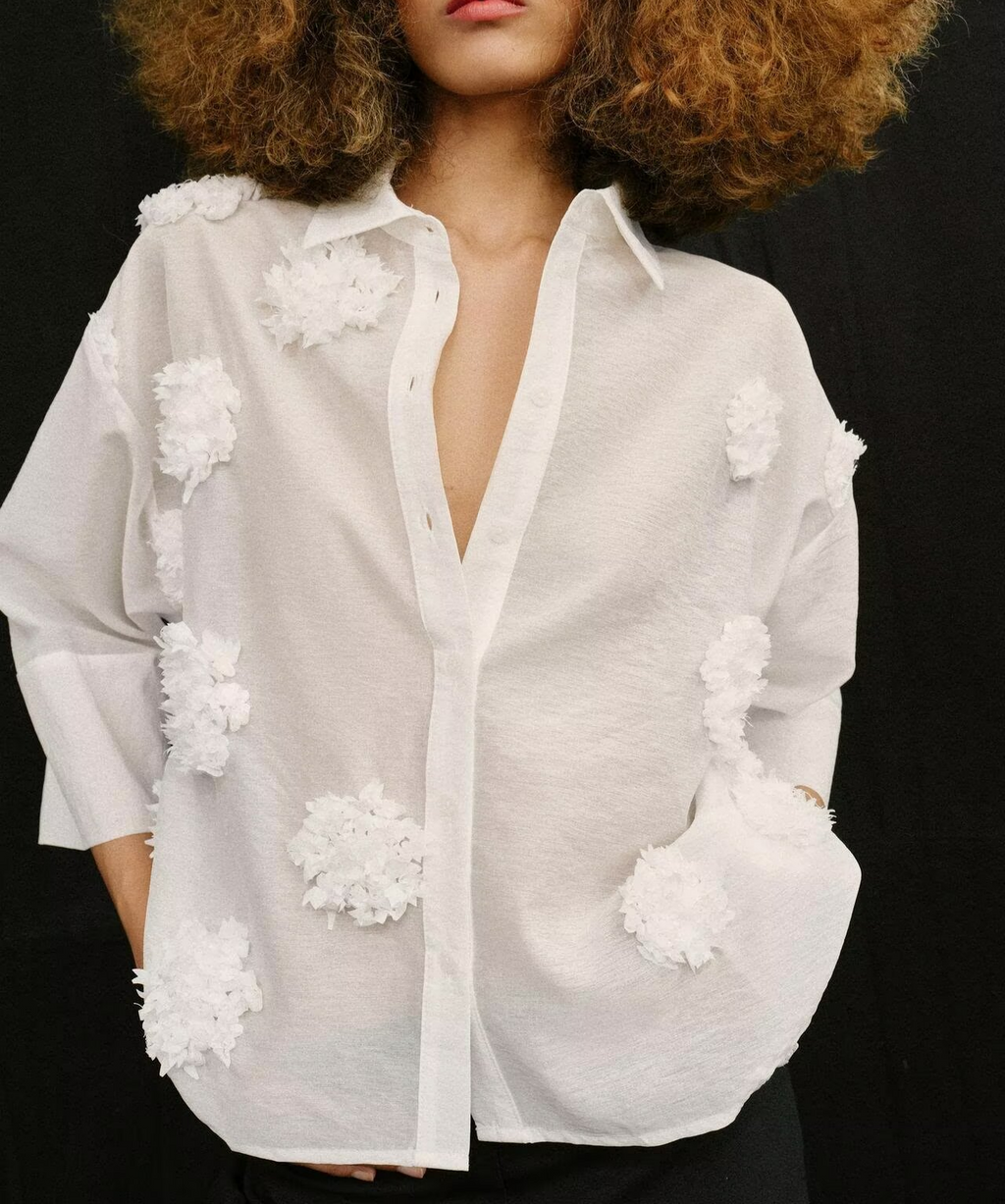 Women Clothing Summer Polo Collar Embossed Floral Vertical Shirt