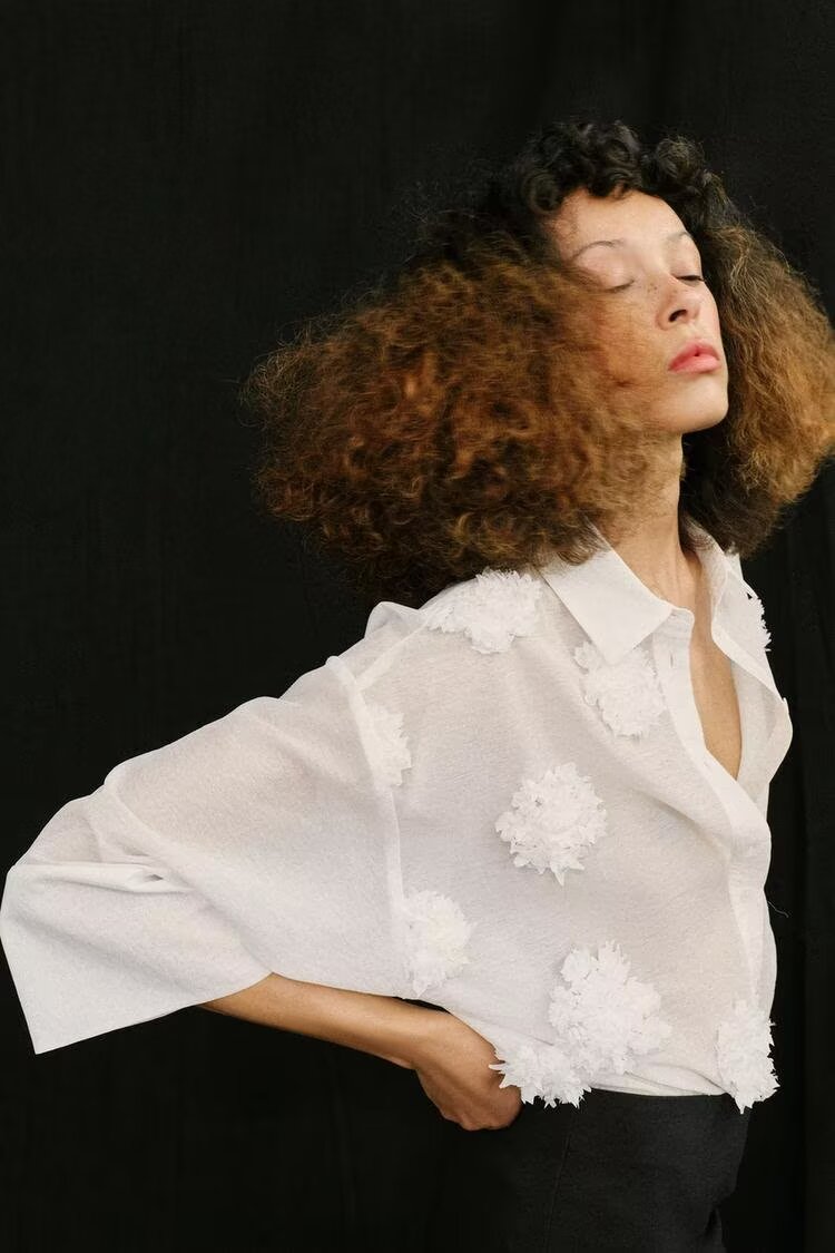 Women Clothing Summer Polo Collar Embossed Floral Vertical Shirt