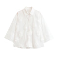 Women Clothing Summer Polo Collar Embossed Floral Vertical Shirt