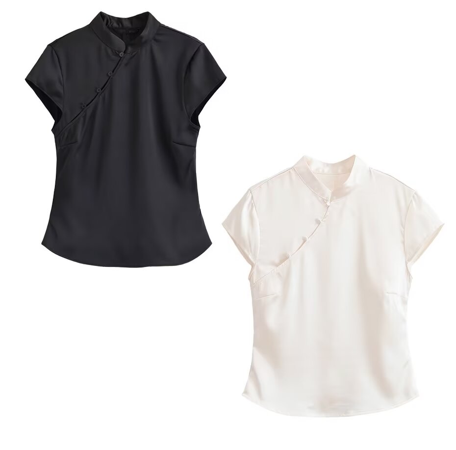 Spring Women Sexy Sexy Button Decoration Silk Satin Top