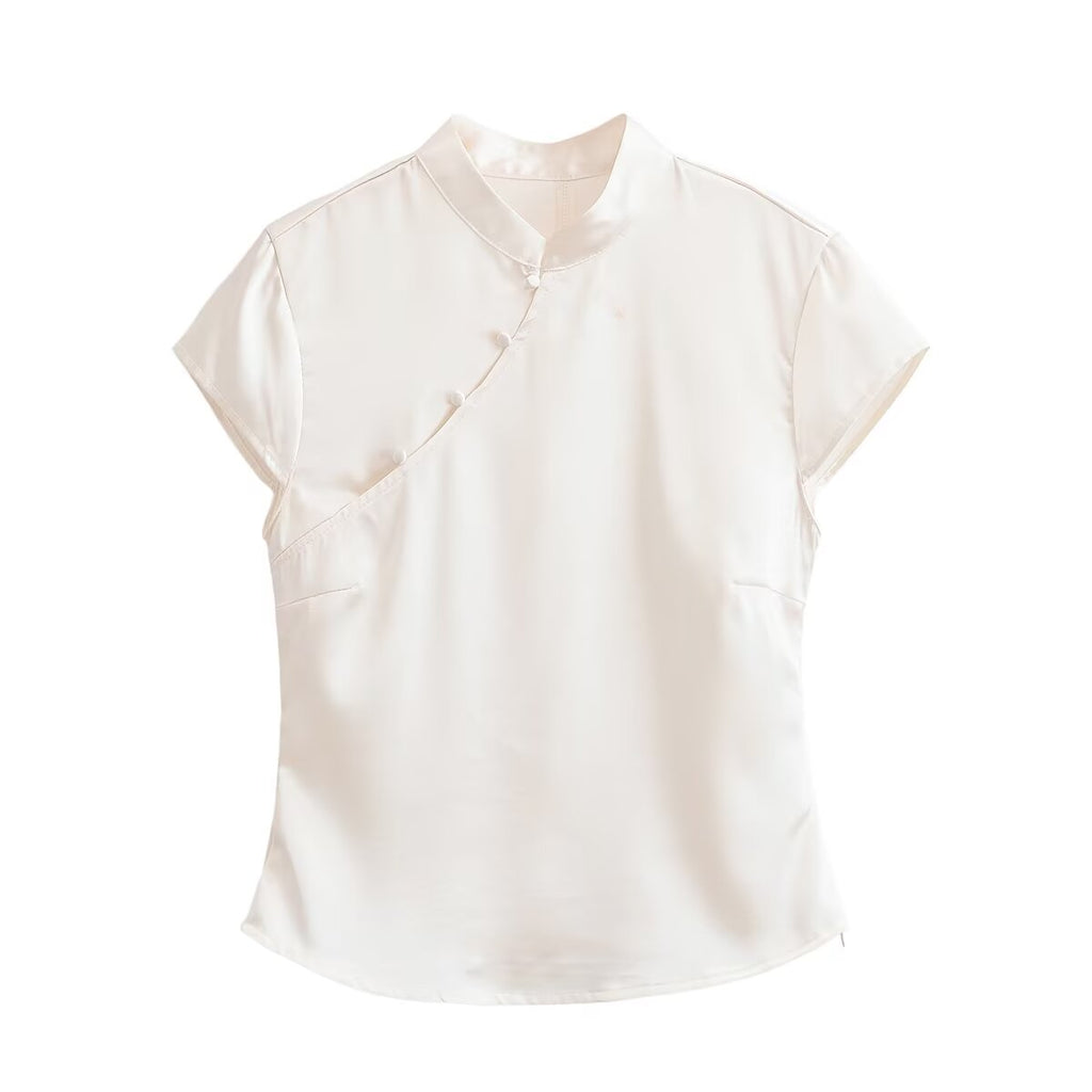Spring Women Sexy Sexy Button Decoration Silk Satin Top