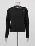 Elegant Top Epaulet Design Bottoming Black T shirt Women