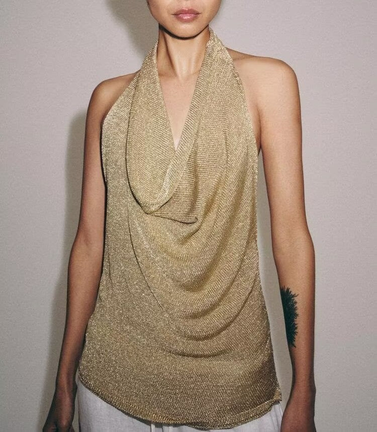 Women Clothing Summer Sexy Metal Color Line Hanging Collar Top