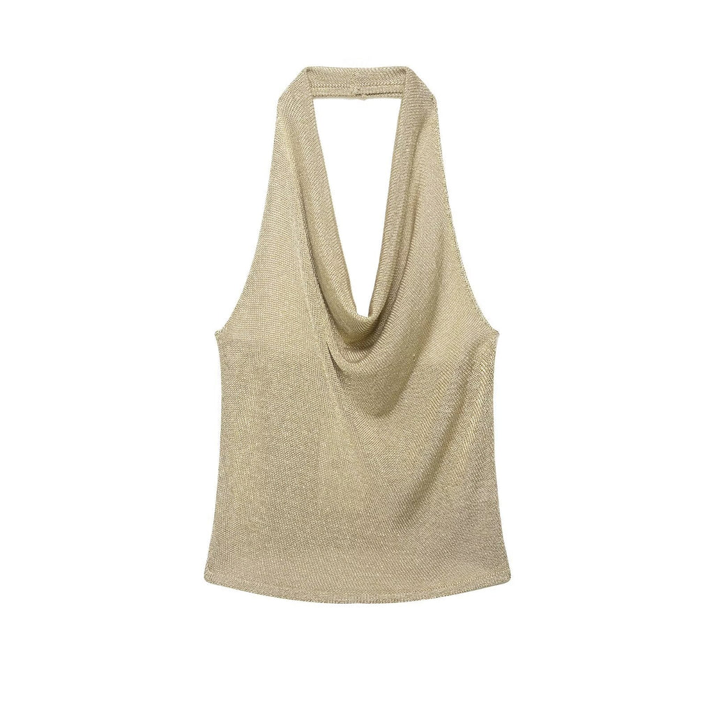 Women Clothing Summer Sexy Metal Color Line Hanging Collar Top