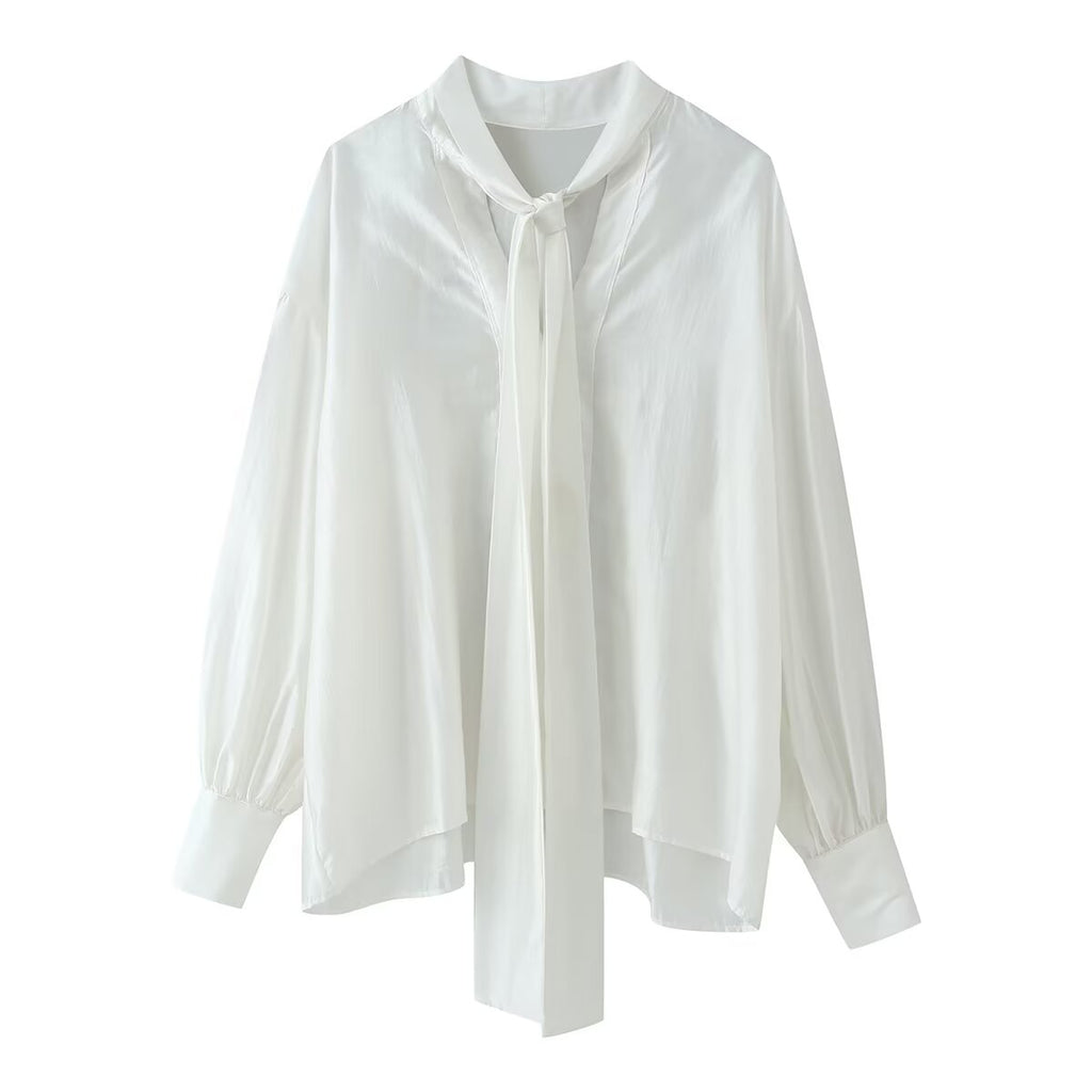 Women Clothing Sweet V neck Long Sleeve Bowknot Straight Hem Shirt