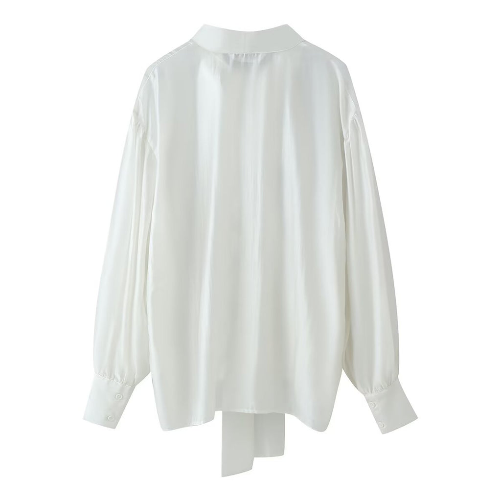 Women Clothing Sweet V neck Long Sleeve Bowknot Straight Hem Shirt