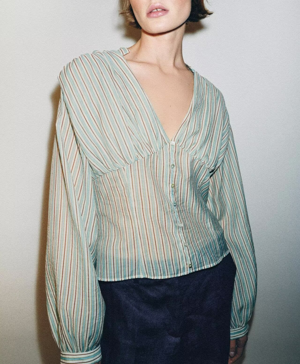 Women Clothing Top Product V neck Casual Stripes Waist Trimming Shirt