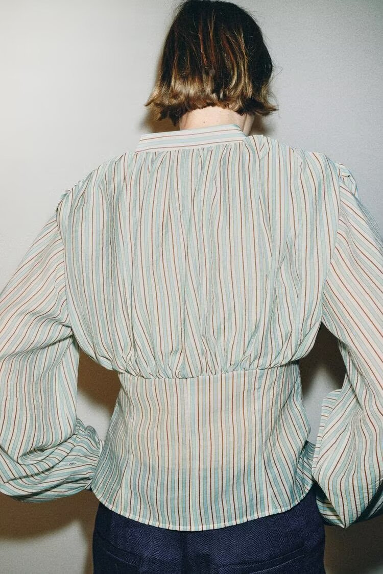 Women Clothing Top Product V neck Casual Stripes Waist Trimming Shirt