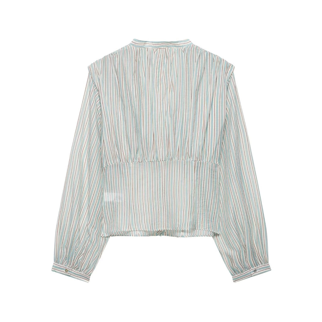 Women Clothing Top Product V neck Casual Stripes Waist Trimming Shirt