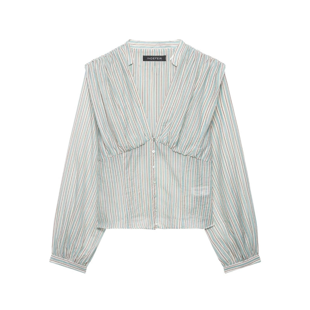 Women Clothing Top Product V neck Casual Stripes Waist Trimming Shirt
