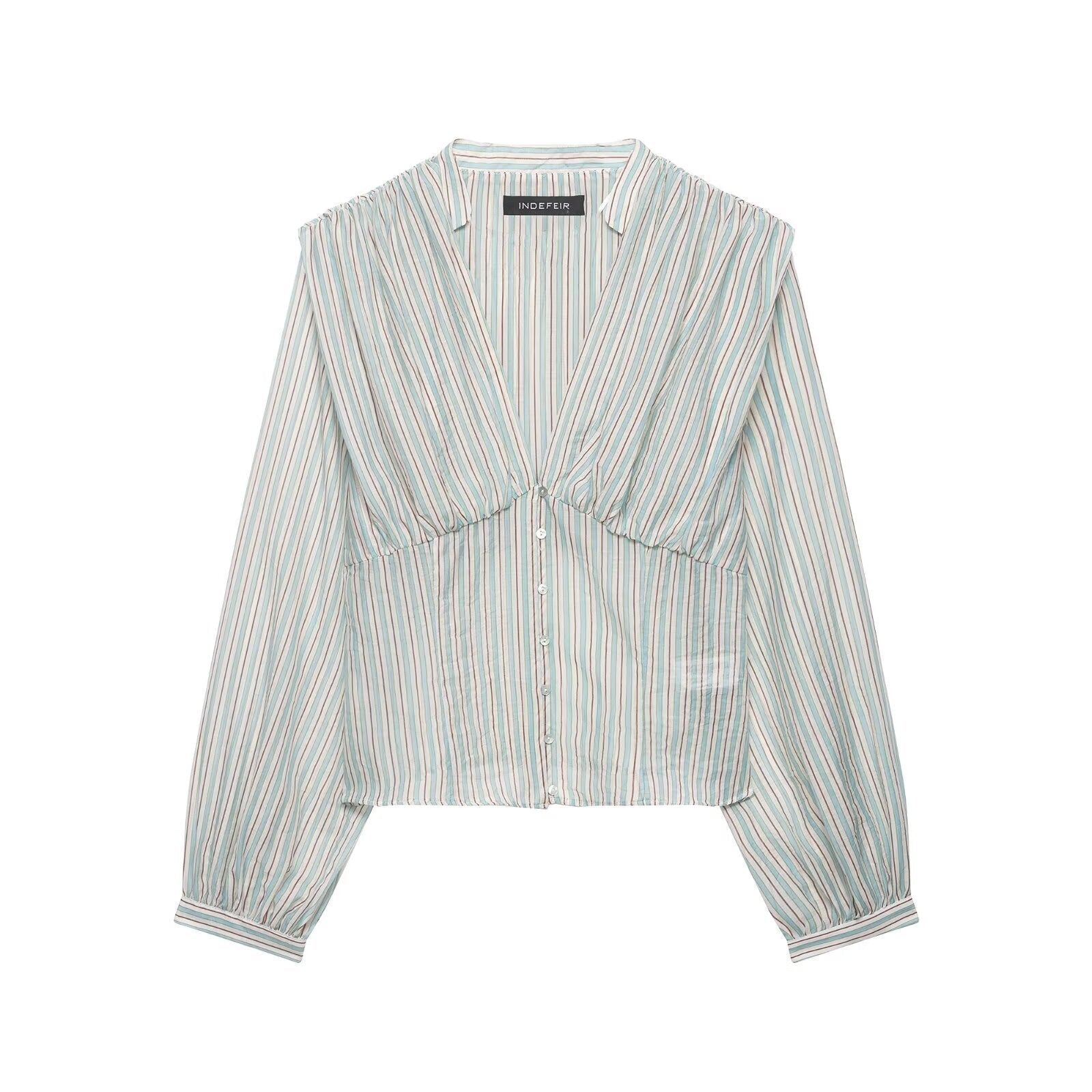 Women Clothing Top Product V neck Casual Stripes Waist Trimming Shirt