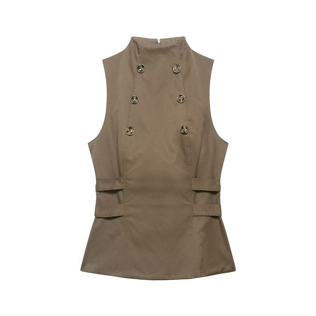 Women Clothing Summer Button Turtleneck Sleeveless Top