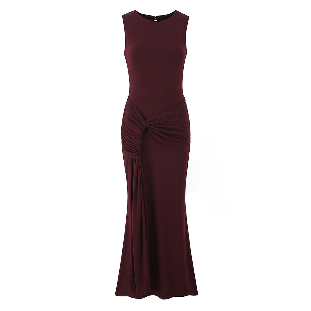 Women Clothing Summer Irregular Asymmetric Slim Fit Ruched round Neck Sleeveless Dress