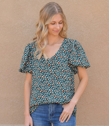 V Neck Print Short Sleeve Top - Kelly Green