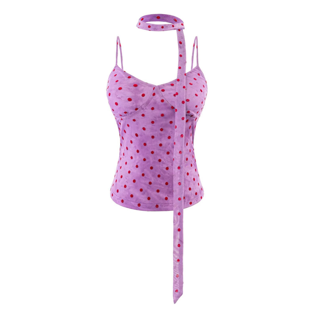 Summer Pure Sexy Sexy Special Interest Design Polka Dot Ribbon Decoration Slim Strap Top
