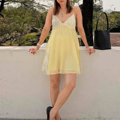 Women Lace Stitching Sexy V neck Laminated Decoration Mini Dress