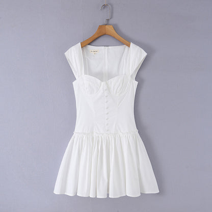 Sweet Romantic Gentle First Love Slim White Dress Design Square Neck Cinched Pettiskirt Dress