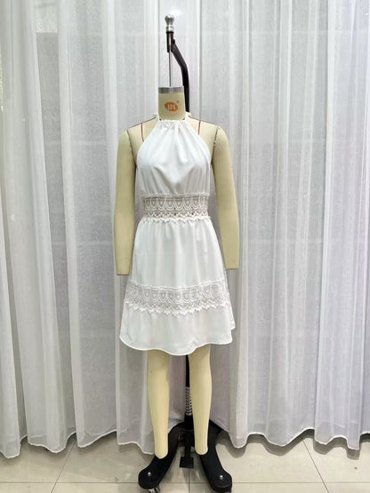 Spring Simple Thin Lace Stitched Backless Maxi Dress