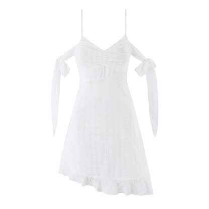 Summer Fairy Ribbon White Plaid See through Strap Dress
