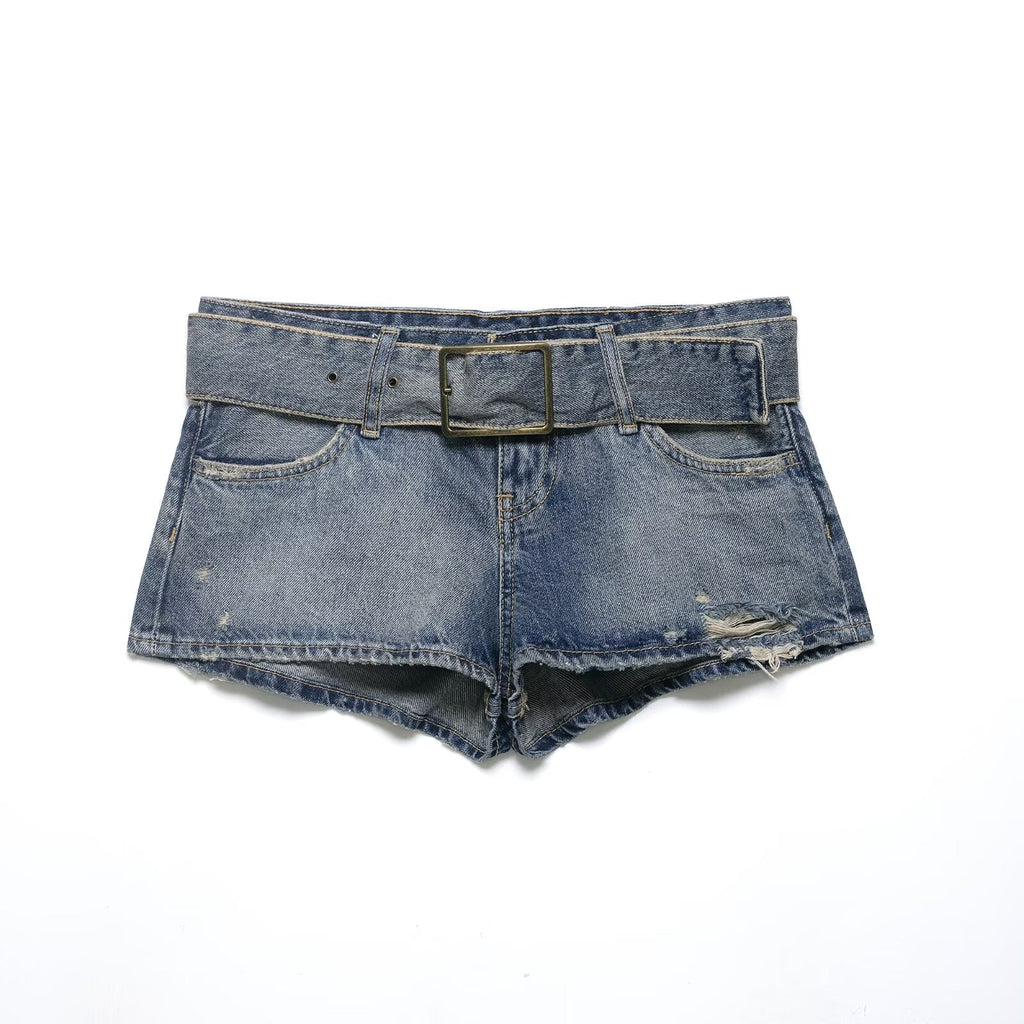 Women Clothing Summer Retro Belt Ripped Denim Shorts