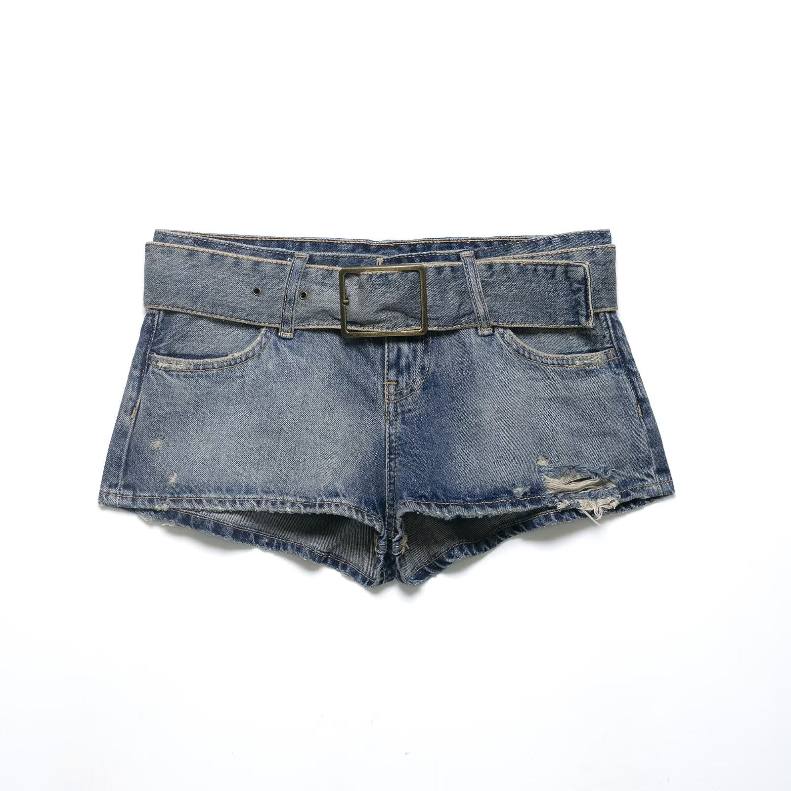 Women Clothing Summer Retro Belt Ripped Denim Shorts