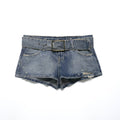 Women Clothing Summer Retro Belt Ripped Denim Shorts