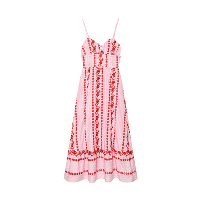 Women Clothing Summer V neck Hollow Out Cutout Embroidered Midi Strap Dress