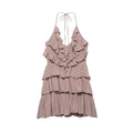 Women Clothing Summer Lace up Backless V neck Laminated Ruffled Dress
