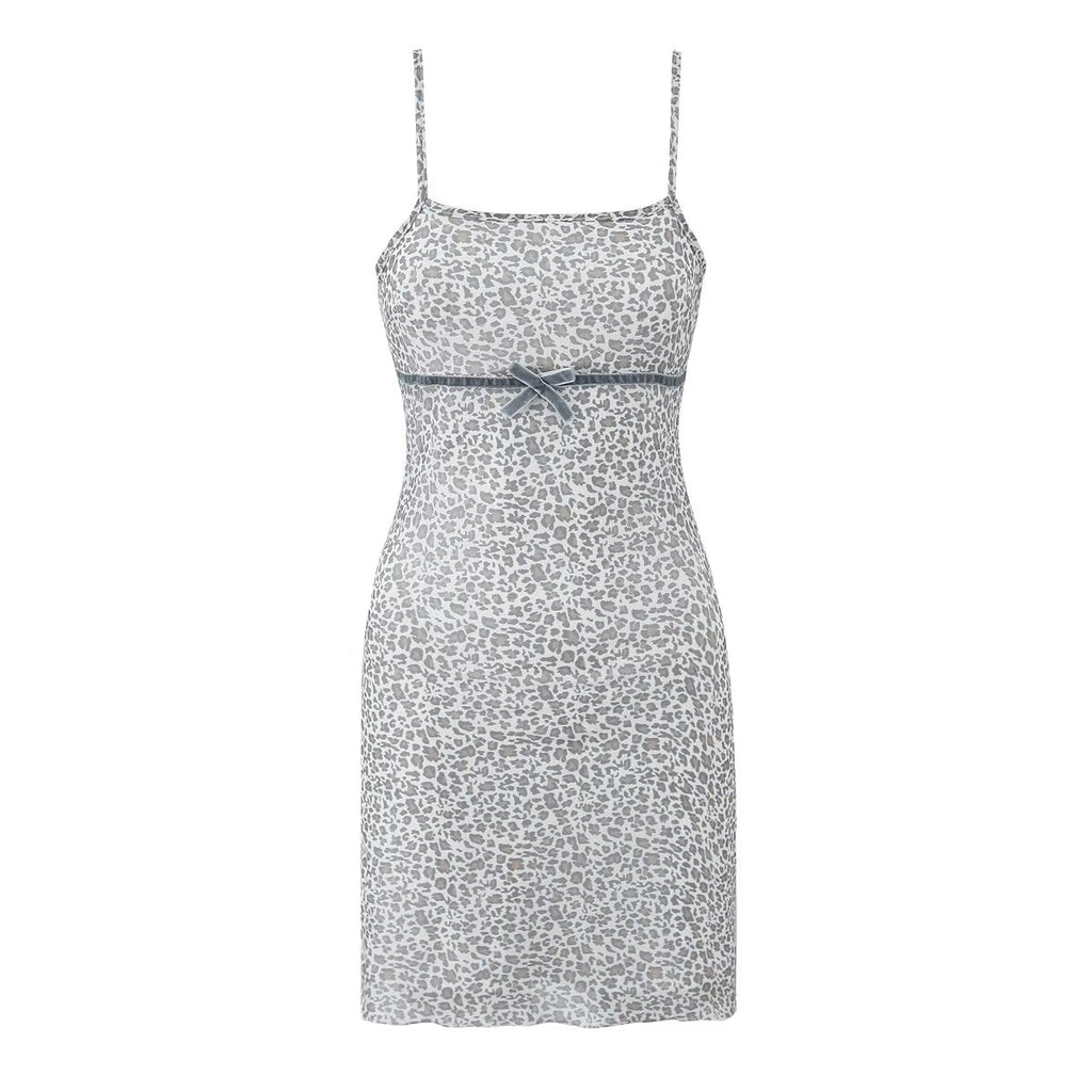 Spring Women French Leopard Bow Mesh Square Collar Suspenders Short Dress