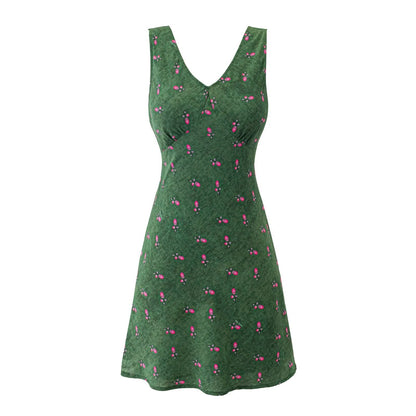 Summer Romantic Vintage Floral Short Sexy Lace up Slim Fit Slimming V Neckline Sleeveless Dress