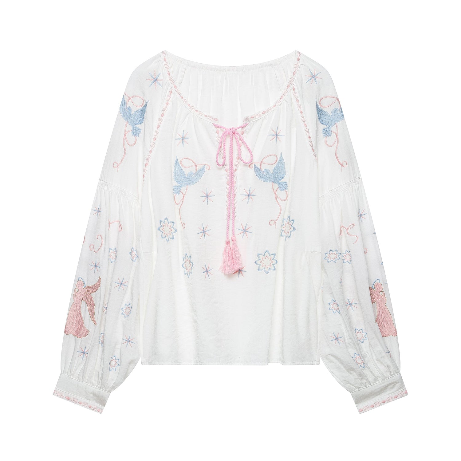 Women Clothing at Lantern Sleeve Tassel Embroidered Top