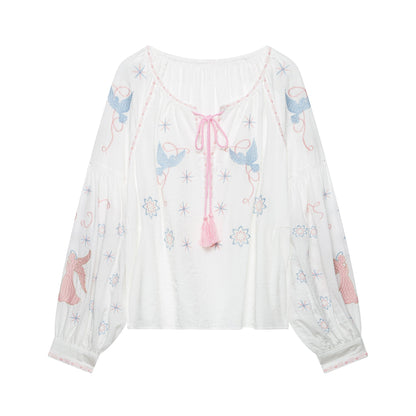 Women Clothing at Lantern Sleeve Tassel Embroidered Top