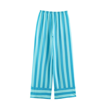 Women Vacation Halter Lace up Backless Striped Top Wide Striped Trousers Set