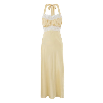 Vacation Dress Lace Slim Fit Patchwork Backless Halter Dress