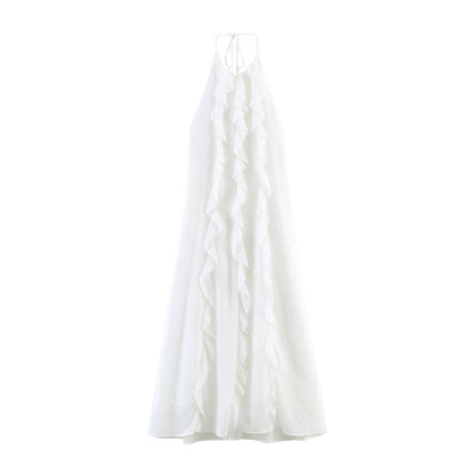 Women Clothing Summer Strap Backless Ruffled Chiffon Sexy Dress Sweet Bandage Dress Maxi Dress