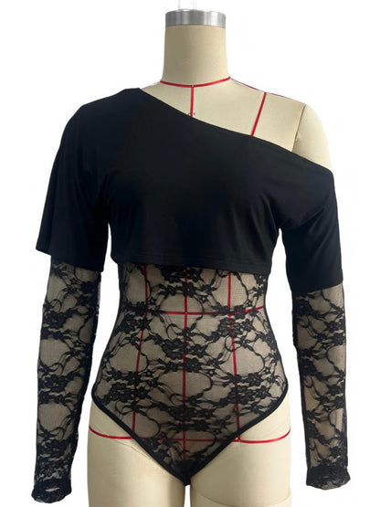Sexy One Piece Cropped Outfit Slim Lace Stitching Long Sleeve Top
