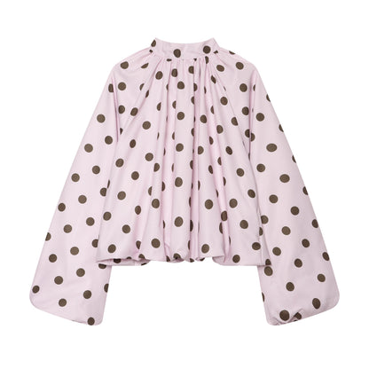 Women Clothing French Polka Dot Sleeve Top Back Bow Design Blouses