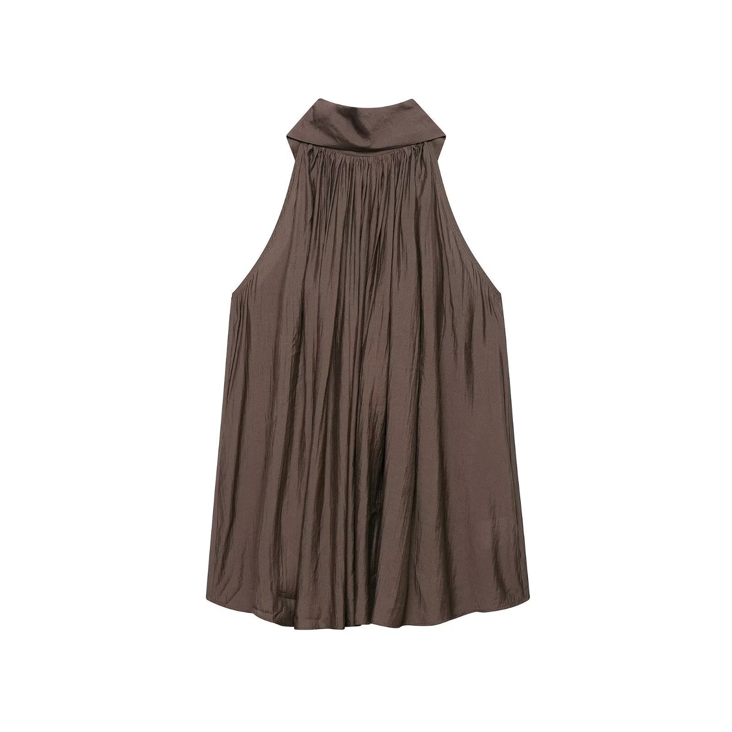 Satin Halter Sleeveless Top Pleated Relaxed Sense A line Shirt