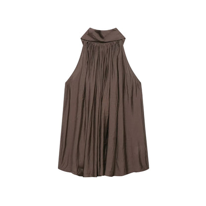 Satin Halter Sleeveless Top Pleated Relaxed Sense A line Shirt