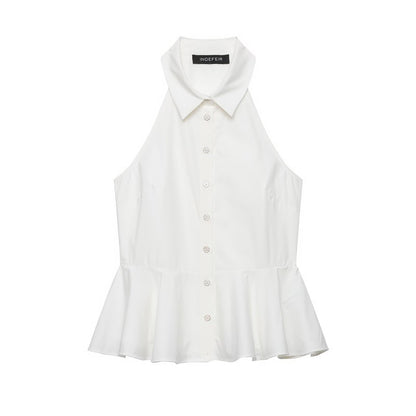 Hanging Collar Sleeveless Shirt All Matching Collared Short Skirt Hem Top