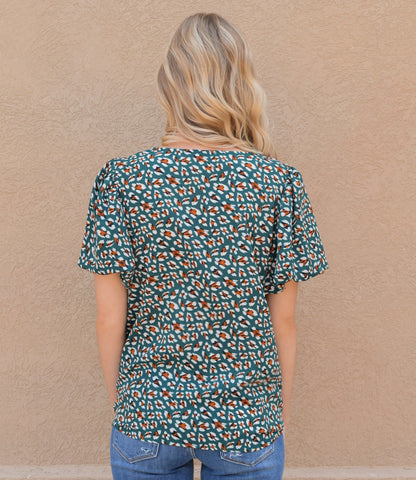V Neck Print Short Sleeve Top - Kelly Green