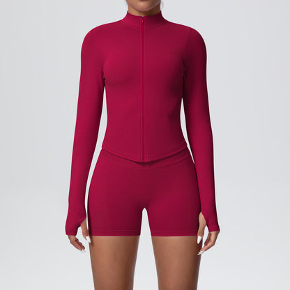 seamless solid color tight high elastic breathable zipper sports suit