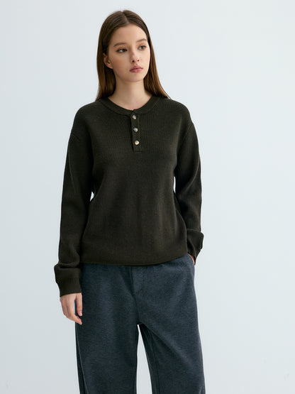 Ribbed Henley Collar Knit Sweater