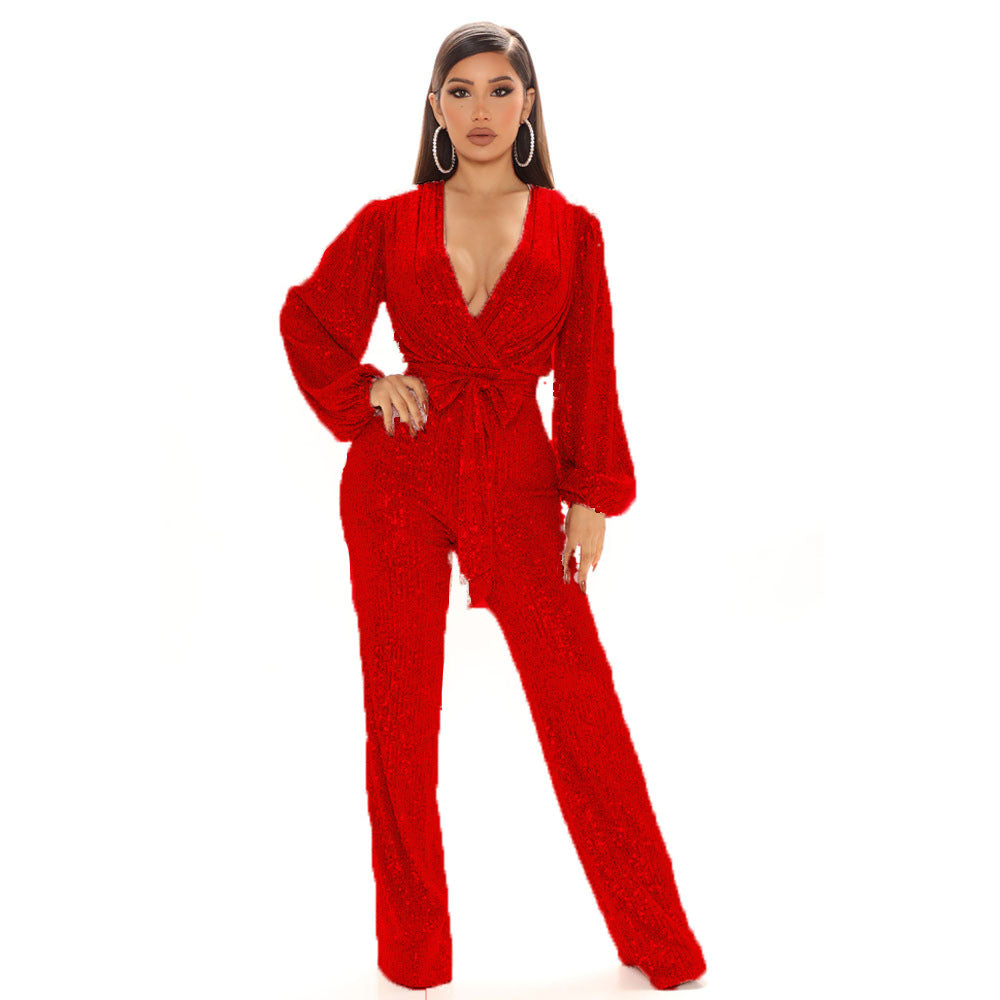 Womens Sequins V-Neck Wide Leg Pants