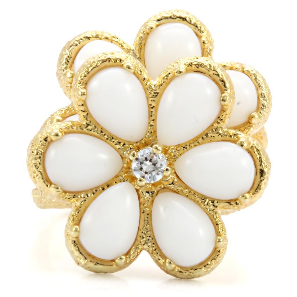 Gold Brass Ring with Synthetic Synthetic Glass in White Size 7